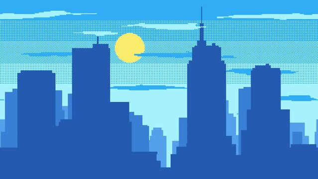 Animated pixel art design of day time cityscape with sun and moving clouds. Retro game style city silhouette cartoon. 4k resolution looping animation.