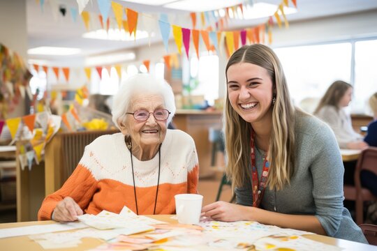 Residents Engage In Leisure Activities, Making Crafts In Nursing Home Setting