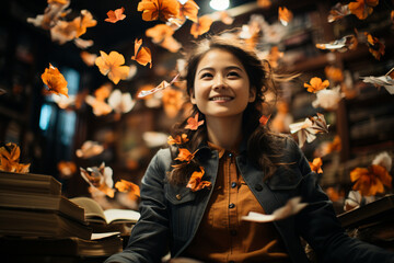 student surrounded by floating books that transform into blossoming flowers, each representing a language they encountered during the exchange in a commercial photo - obrazy, fototapety, plakaty