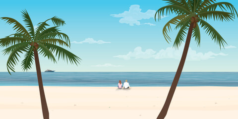 Obraz premium Couple of lover sitting on the beach with yacht at the horizon vector illustration. Traveling date concept flat design.