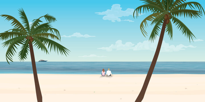 Couple of lover sitting on the beach with yacht at the horizon vector illustration. Traveling date concept flat design.