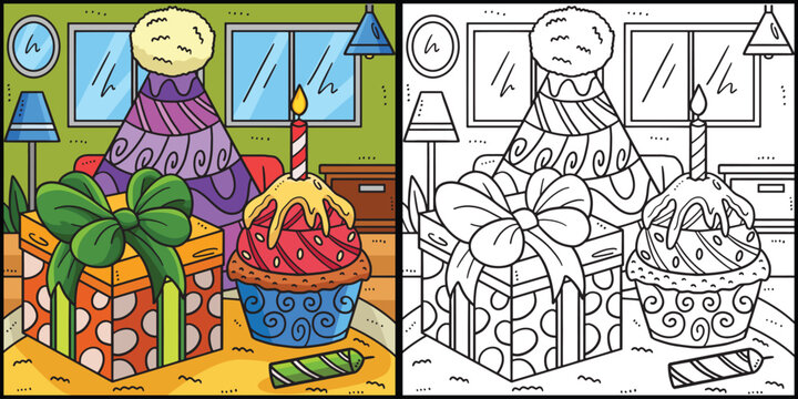 Birthday Cupcake, Party Hat, and Gift Illustration