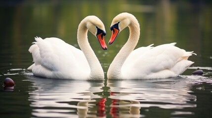 Obraz premium Two white swans form a heart on dark water surrounded by red hearts. Symbol of love, Valentine's day