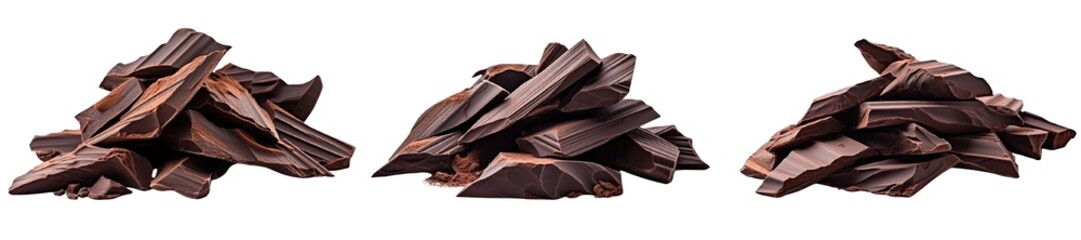 Collection of PNG. Pieces of dark chocolate isolated on transparent background.