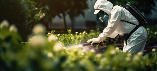 Pest control professional in protective gear spraying plants. Agriculture and safety. - obrazy, fototapety, plakaty