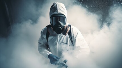 A man in a hazmat suit and mask stands amidst smoke lit from above. An atmosphere of tension and danger