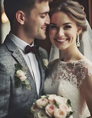 Beautiful Wedding Couple, Dressed up in Romantic Environment holding a Wedding Bouquet.