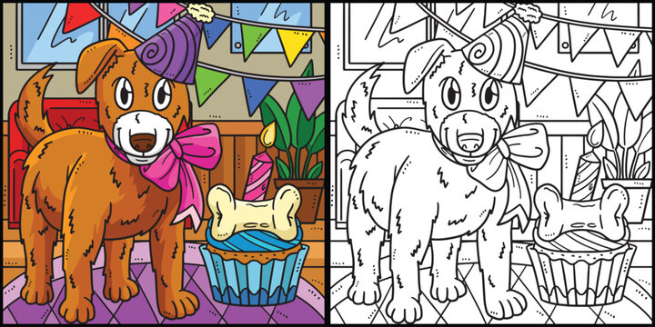 Birthday Dog with Party Hat Coloring Illustration