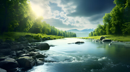 Flowing Elegance: PowerPoint Background with Riverside Charm