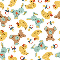 Various toys for kids. Hand drawn vector seamless pattern. Duck, teddy bear, bunny, baby pacifier. Children games, preschool activities concept.