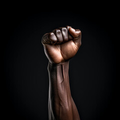 Fototapeta premium Raised Fist in Solidarity and Strength. A powerful clenched fist raised against a dark backdrop symbolizing unity and strength.