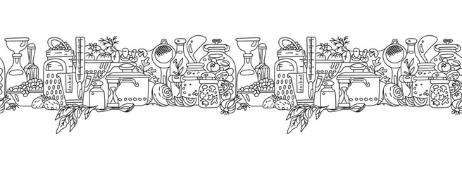 Obraz premium Seamless retro border with canned food for menu or cookbook decoration. Vector illustration on transparent background