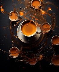 Coffee cups with tea splashes flying out of them, photomontage, aerial view, overhead view, flatlay . Creative collage.