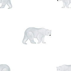 Fototapeta premium Watercolor seamless pattern white big bear. Hand drawn watercolor illustration of a mammal on an isolated background. Drawing of a big arctic bear for children's textiles and cozy pajamas