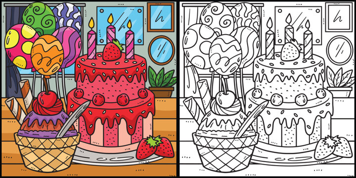 Birthday Cake with Ice Cream Coloring Illustration
