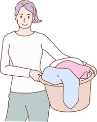 Cleaning service for housework, housekeeper character washing clothes in basin by hands. Hand drawn style.
