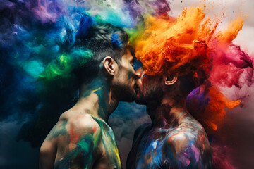 Two kissing men surrounded by bright colors - concept of tolerance to sexual minorities - obrazy, fototapety, plakaty