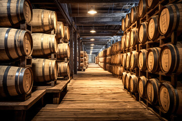 Wooden floored hallway in cellar of distillery surrounded by wooden barrels