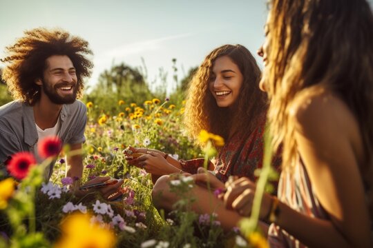 A group of friends in casual clothing, enjoying a barbecue picnic in a sunny meadow with colorful wildflowers in the background.
