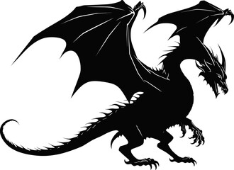 Vector drawing of a black dragon silhouette that sits. AI generated illustration.