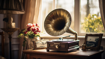old gramophone on a home background