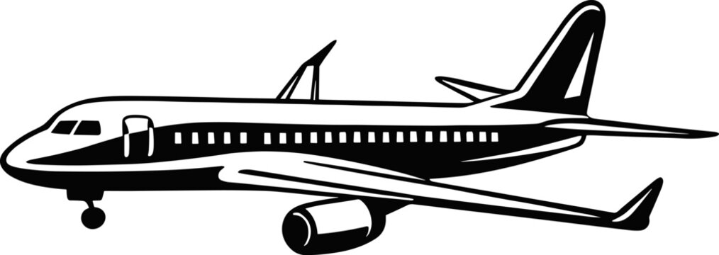 Vector illustration of black airplane silhouette. Isolated on white background. Logo icon plane. Aircraft side view profile. The concept of air travel. AI generated illustration