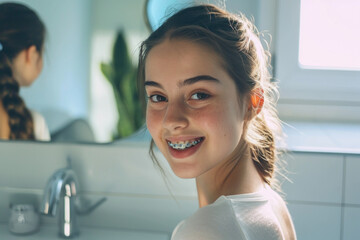 jeune fille adolescente souriante avec un appareil dentaire dans sa salle de bain - obrazy, fototapety, plakaty