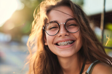 jeune fille adolescente souriante avec un appareil dentaire et des lunettes de vue - obrazy, fototapety, plakaty