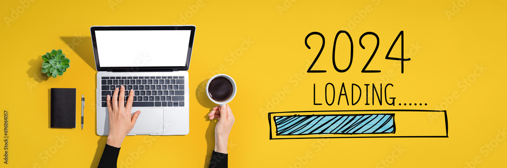 Poster loading new year 2024 with person using a laptop computer