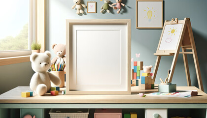 Mockup - empty photo frame on a desk in a children's room. Nearby, children's toys and stationery supplies