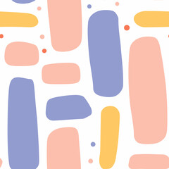Cute Seamless Pattern with groovy shapes and dots, pastel, minimalist, white background, for card, banner, textile, web, wallpaper decoration