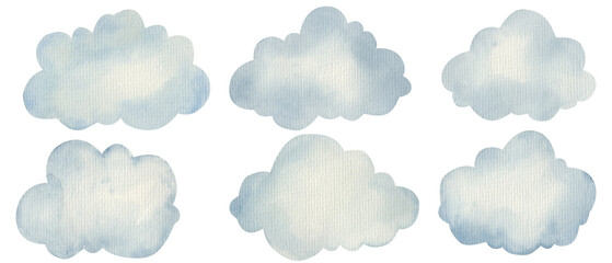 hand painted watercolor sky elements. Weather, clouds and other fairy isolated clipart - obrazy, fototapety, plakaty