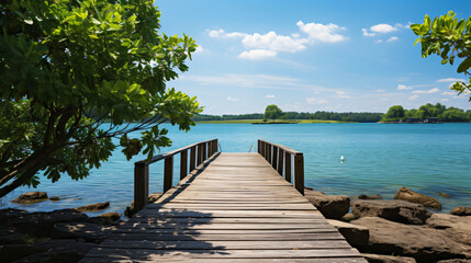 Naklejka premium a wooden dock on a calm lake with trees in the background.