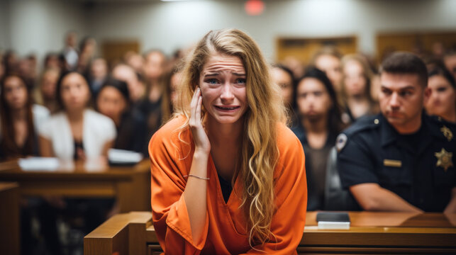 Female prisoner wearing orange jumpsuit crying in the courtroom after hearing the jurys verdict