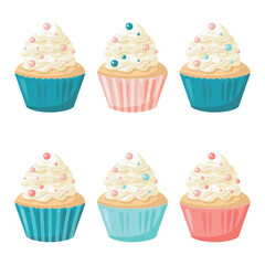 Set of pink and blue cupcakes with white whipped cream and round sprinkles. Isolated clip-art. Bakery, sweet baked goods. Vector illustration