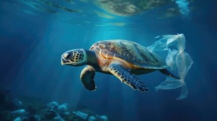 Plastic pollution in ocean problem. Sea Turtle eats plastic bag,A turtle trapped in a plastic bag in the ocean.