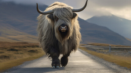 Hairy Scottish Yak on the road. AI Generative