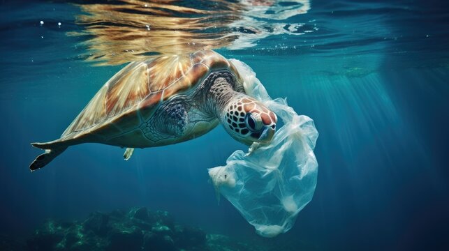 Plastic pollution in ocean problem. Sea Turtle eats plastic bag,A turtle trapped in a plastic bag in the ocean.