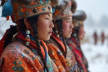 Women in national Mongolian dresses celebrate the white winter month holiday in Mongolia, Sagaalgan.