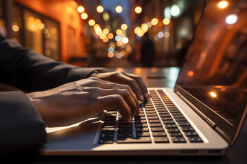 close-up photo of a person's hands typing on a keyboard during an online job interview, with a cinematic style, blurry background