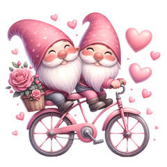 Cute Gnome Valentine Bicycle Watercolor Clipart Illustration