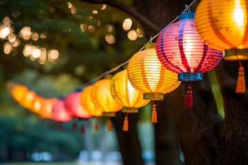 Colorful Chinese Lanterns Hanging in a Park, Celebrating the Spirit of Chinese New Year