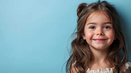 Portrait of little pretty brunette hair girl child in dress with expression of joy on face, cute smiling isolated on a flat pastel blue background with copy space. Template for banner, text place. - Powered by Adobe