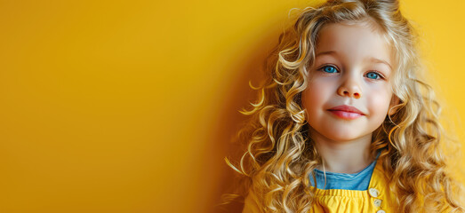 Portrait of little pretty blonde curly hair girl child with expression of joy on face, cute smiling isolated on a flat pastel yellow background with copy space. Template for banner, text place.