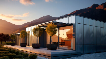 Modern metal and glass building with a mountains background.
