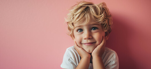 Portrait of pretty blonde hair little boy child with expression of joy on face, cute smiling isolated on a flat pastel pink background with copy space. Template for banner, text place. - obrazy, fototapety, plakaty
