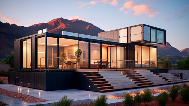 Exterior front view of modern cubic design house made from shipping containers.