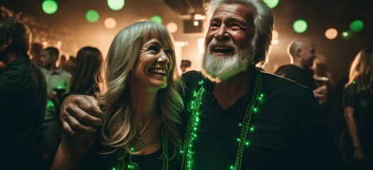 Mature couple enjoying a St. Patricks Day dance party, energetic and full of Irish spirit.
