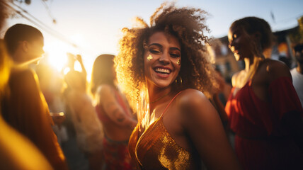 Curly haired woman celebrating carnival party on street - obrazy, fototapety, plakaty