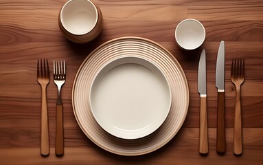 top view of dining set with plates, spoons, knives and forks on wooden table.
